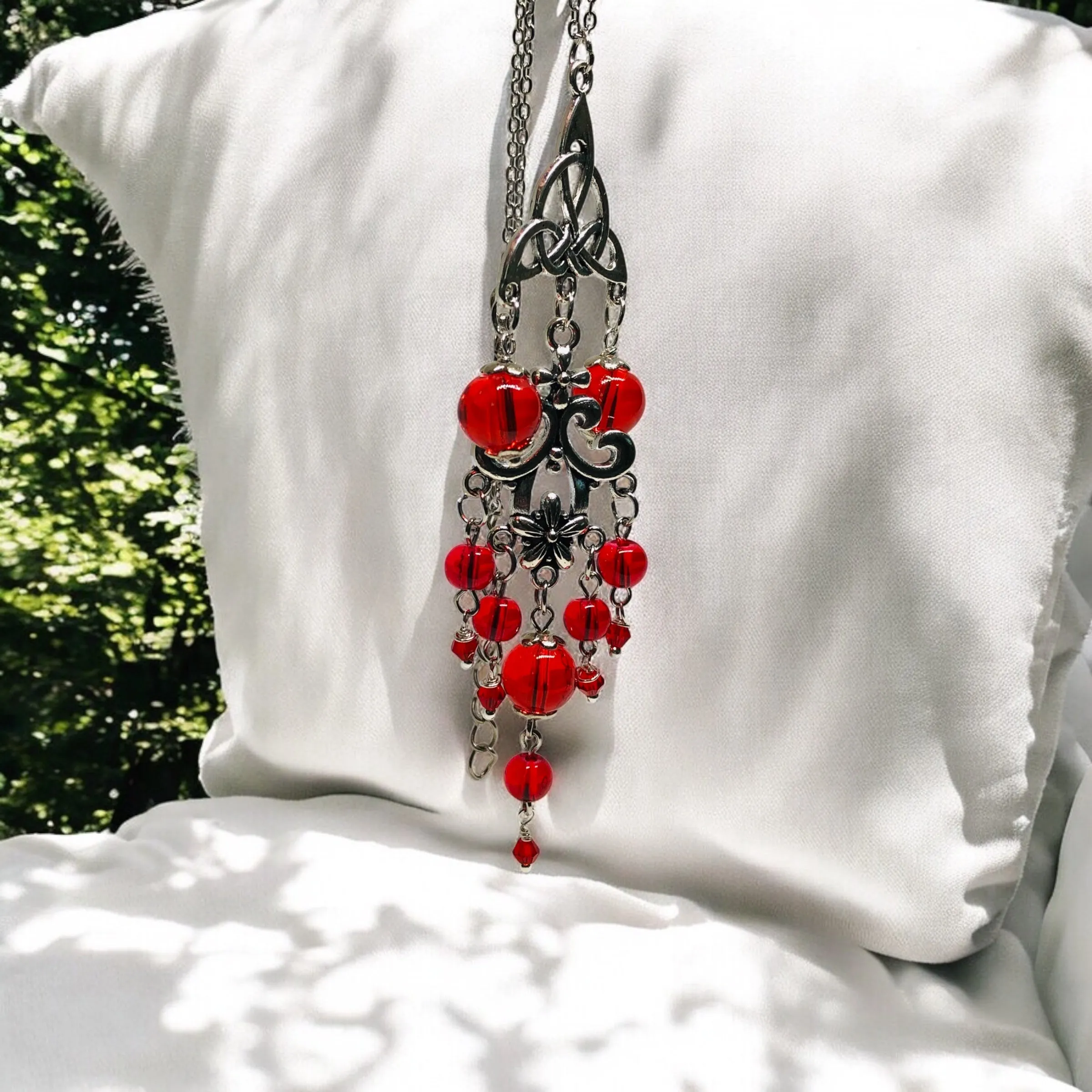 Red Bohemian Antique Silver Chandelier Earring Necklace and Bracelet Set