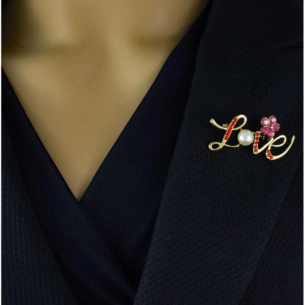 Red Crystal Love with Pearl and Crystal Daisy Brooch Pin - PRF412
