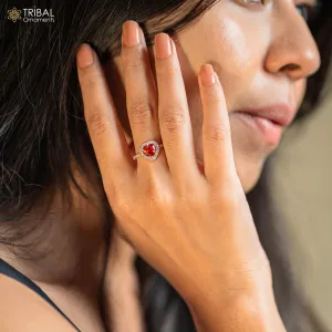 Red diamond heart design rose gold silver ring