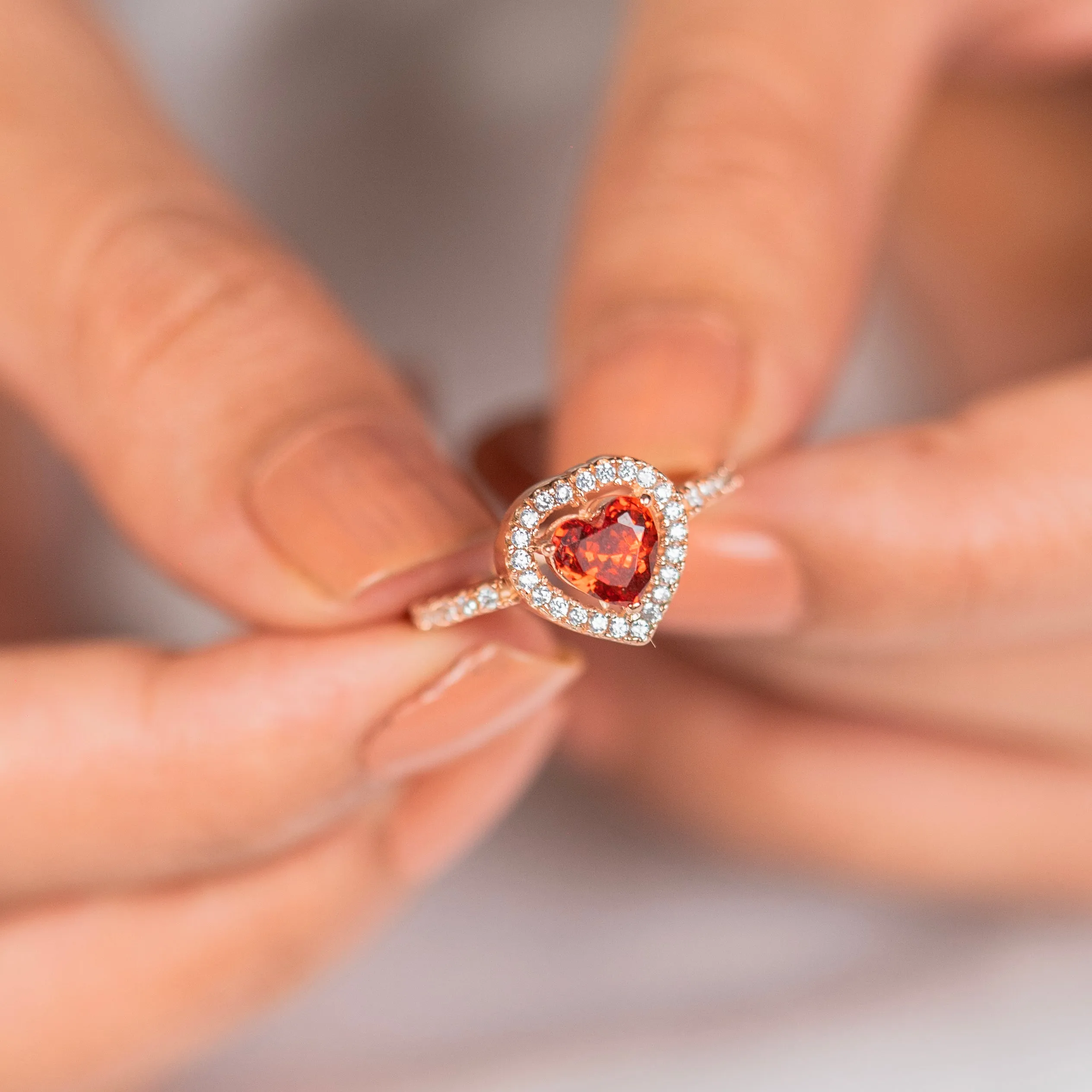 Red diamond heart design rose gold silver ring