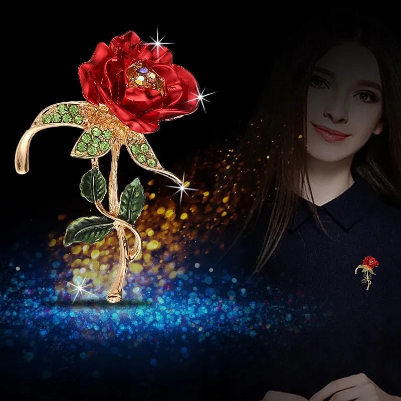 Red Rose Flower Brooch with Zircons