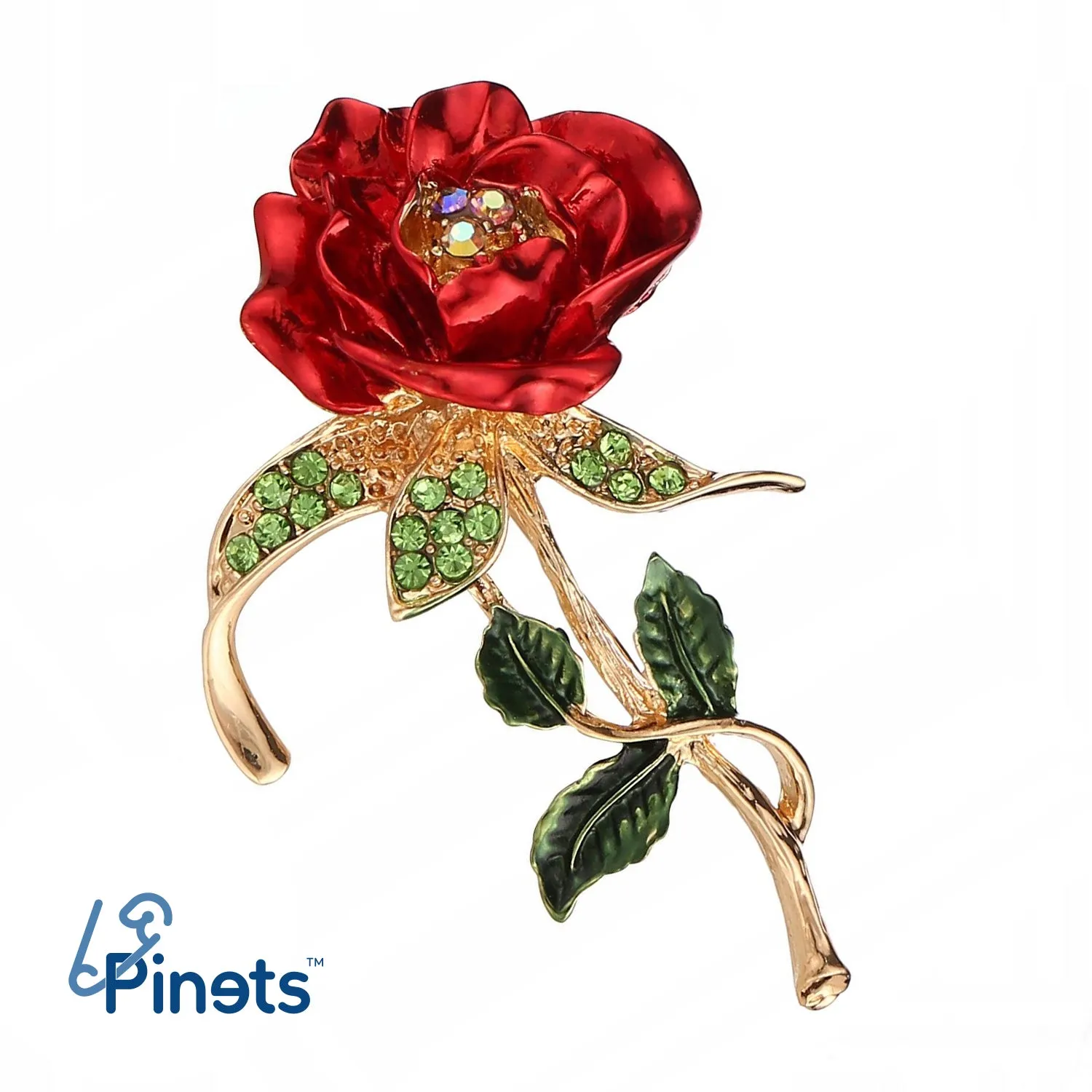Red Rose Flower Brooch with Zircons