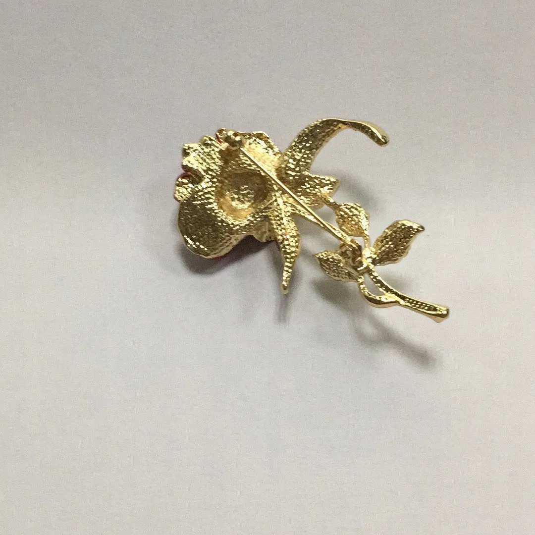 Red Rose Flower Brooch with Zircons
