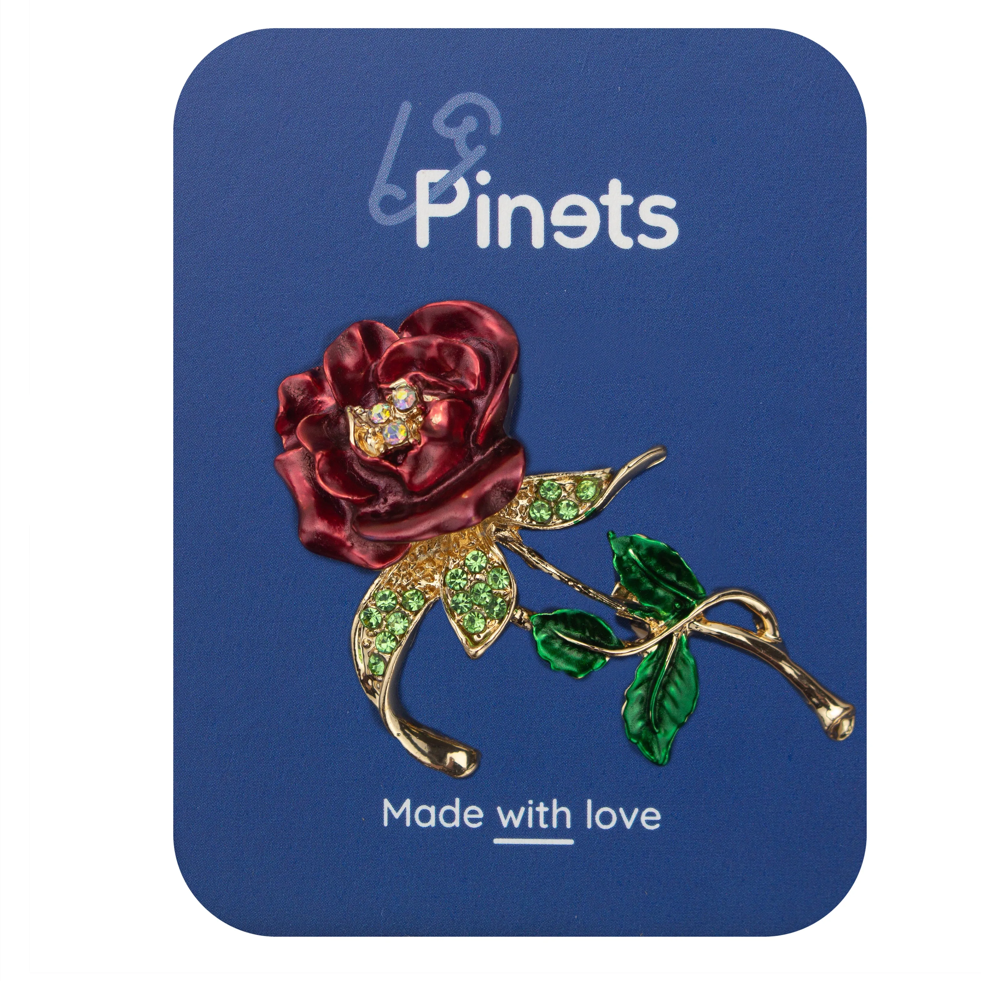 Red Rose Flower Brooch with Zircons