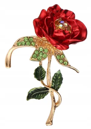 Red Rose Flower Brooch with Zircons