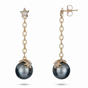Reefs Starfish Tahitian Black Pearl Earrings in Gold with Diamonds - 10-11mm Ornate Design