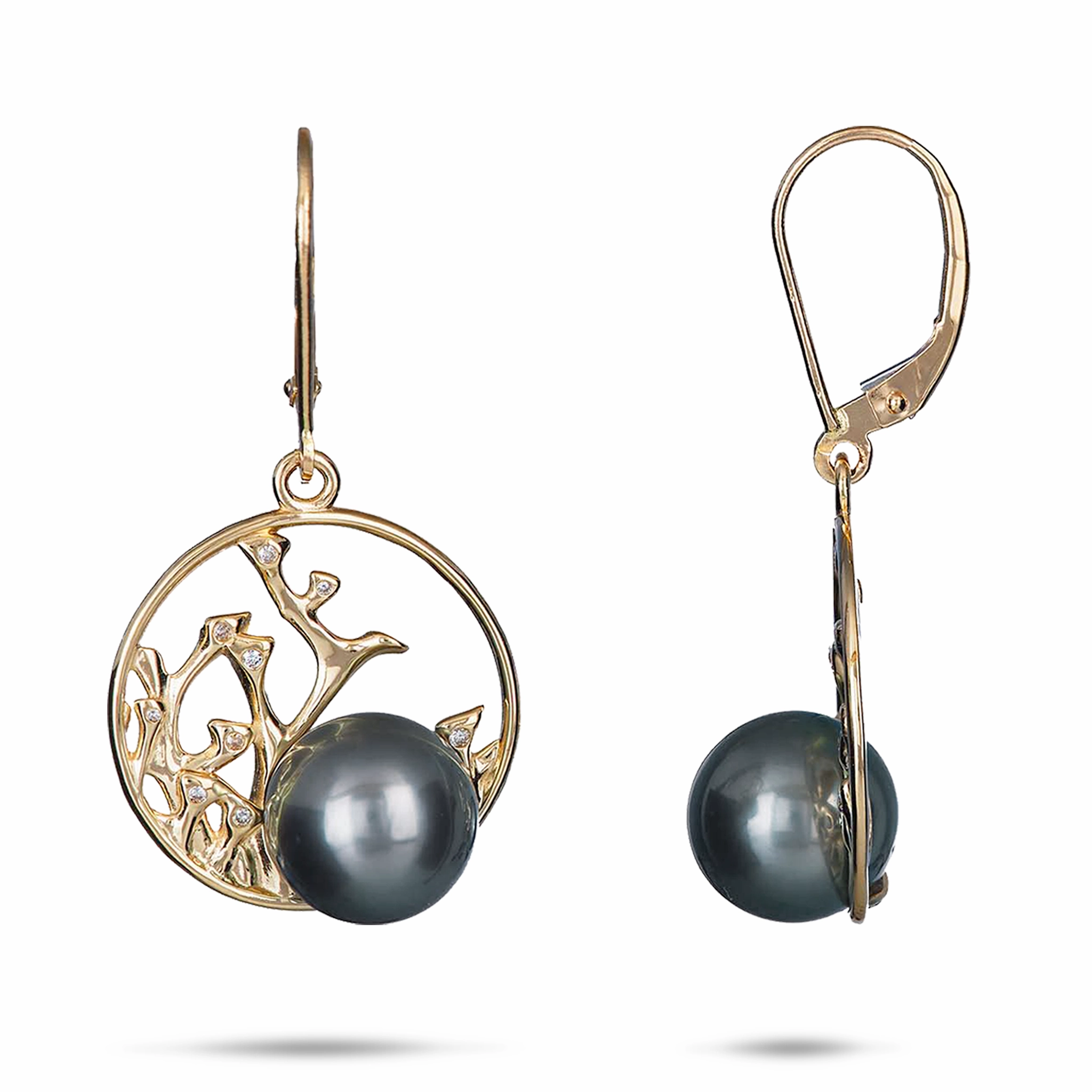 Polished Piece Sparkling Shine Reefs Tahitian Black Pearl Earrings in Gold with Diamonds - 9-10mm
