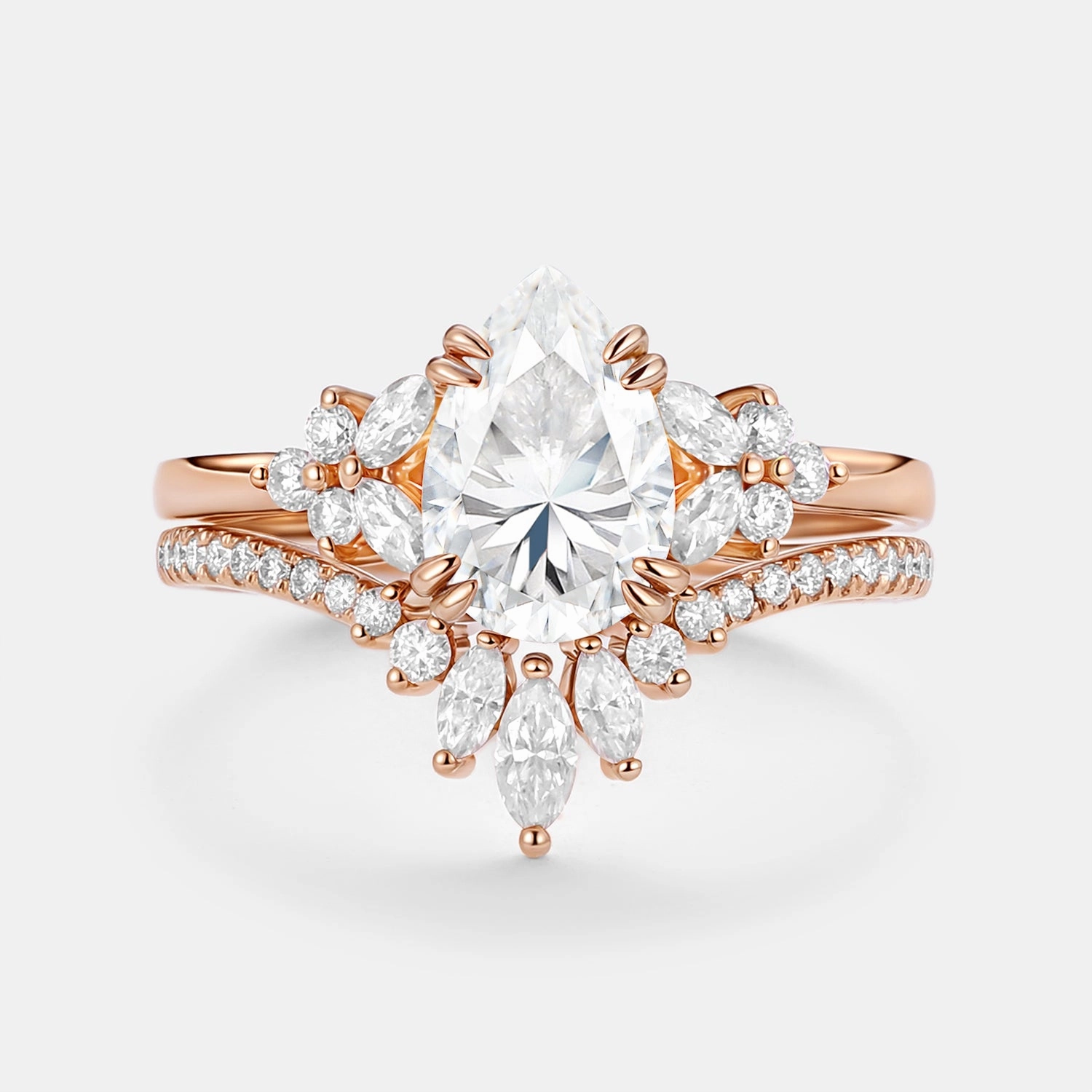 Cluster Pear Shaped Moissanite Chevron Gold Ring Set 2pcs - Della Fashion Daily