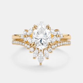 Date night Cluster Pear Shaped Moissanite Chevron Gold Ring Set 2pcs - Della