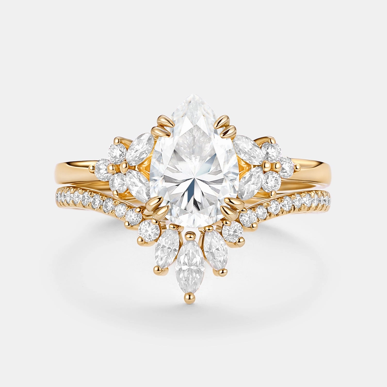 Date night Cluster Pear Shaped Moissanite Chevron Gold Ring Set 2pcs - Della