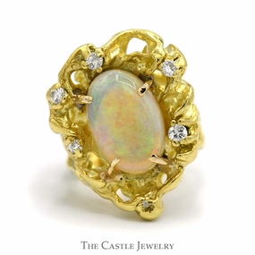 Season Ready Oval Opal Ring with Diamond Accents in 14k Yellow Gold Open Nugget Style Mounting