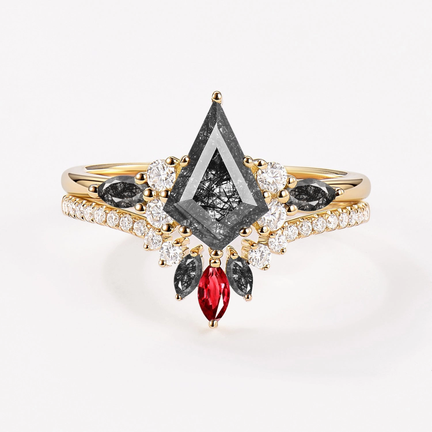 Essential Accessory Exclusive Look Unique Kite Black Rutilated Quartz Classic Engagement Ring Set 2pcs - Rebecca