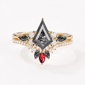 Classic Glimmer Minimal Piece Unique Kite Black Rutilated Quartz Classic Engagement Ring Set 2pcs - Rebecca