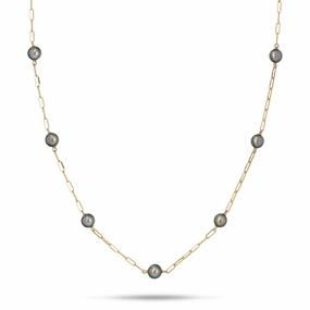 Polished Glam Glowing Feature Adjustable 24" Tahitian Black Pearl Paperclip Chain Necklace in Gold - 9-10mm