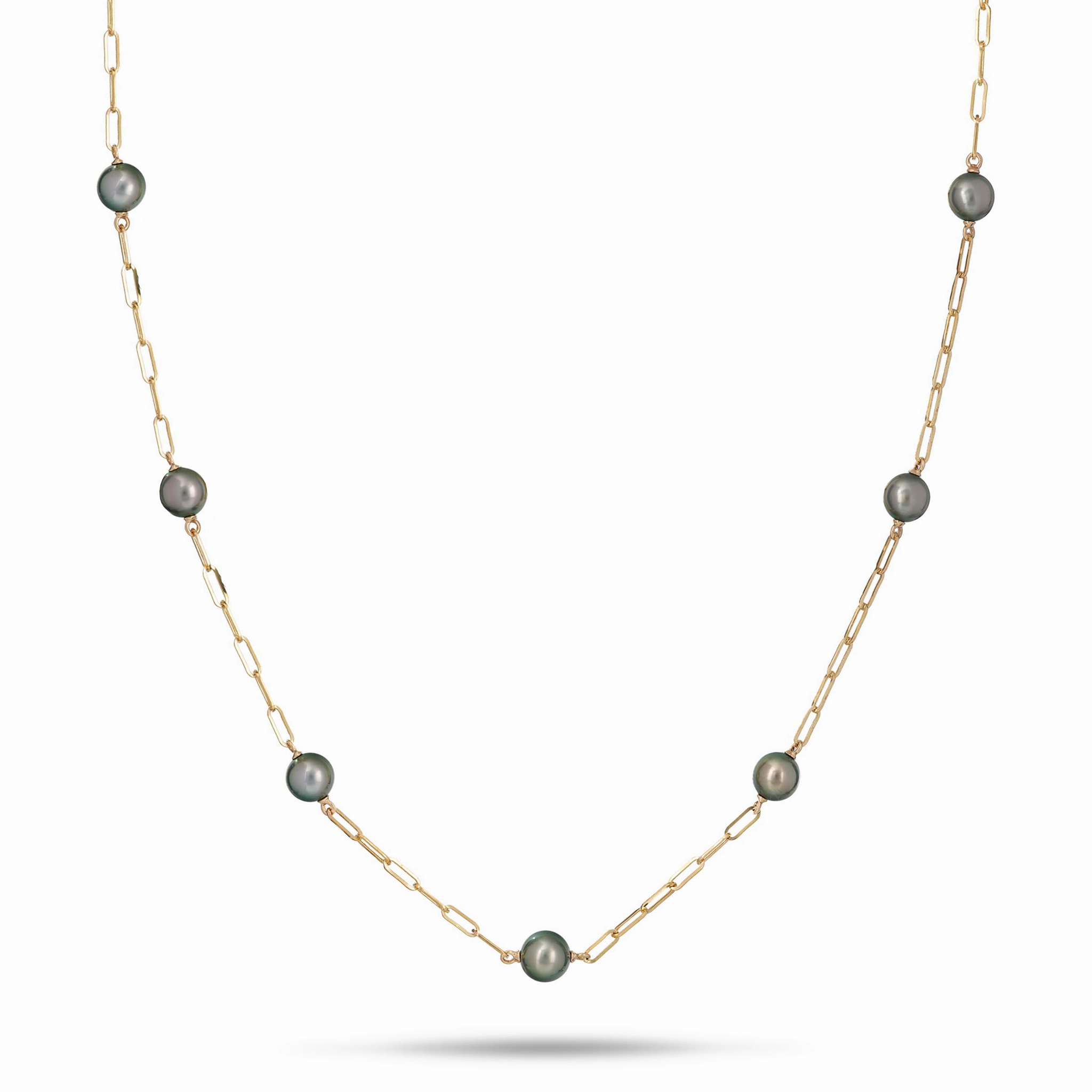 Polished Glam Glowing Feature Adjustable 24" Tahitian Black Pearl Paperclip Chain Necklace in Gold - 9-10mm