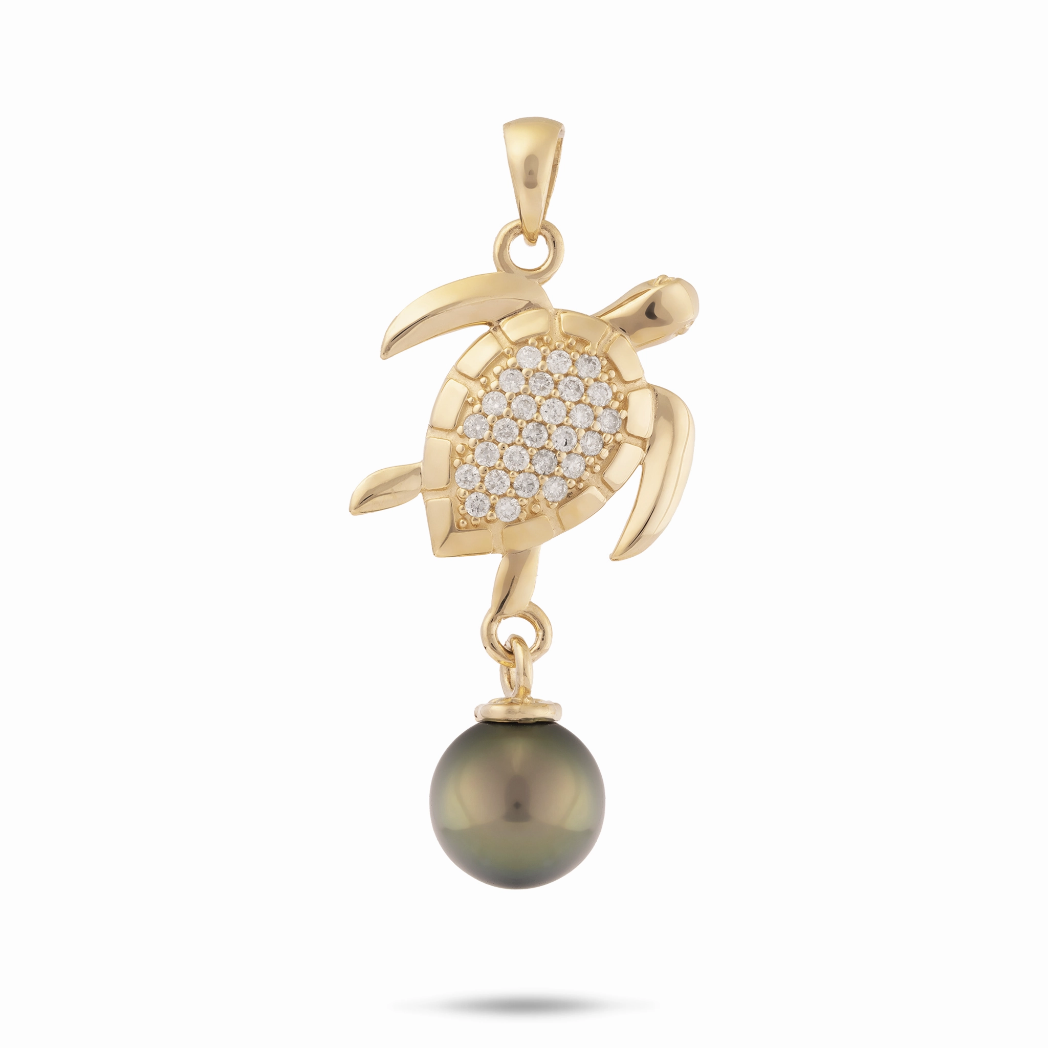 Ocean Dance Honu (Sea Turtle) Tahitian Black Pearl Pendant in Gold with Diamonds - 9-10mm Graceful Design Graceful Piece