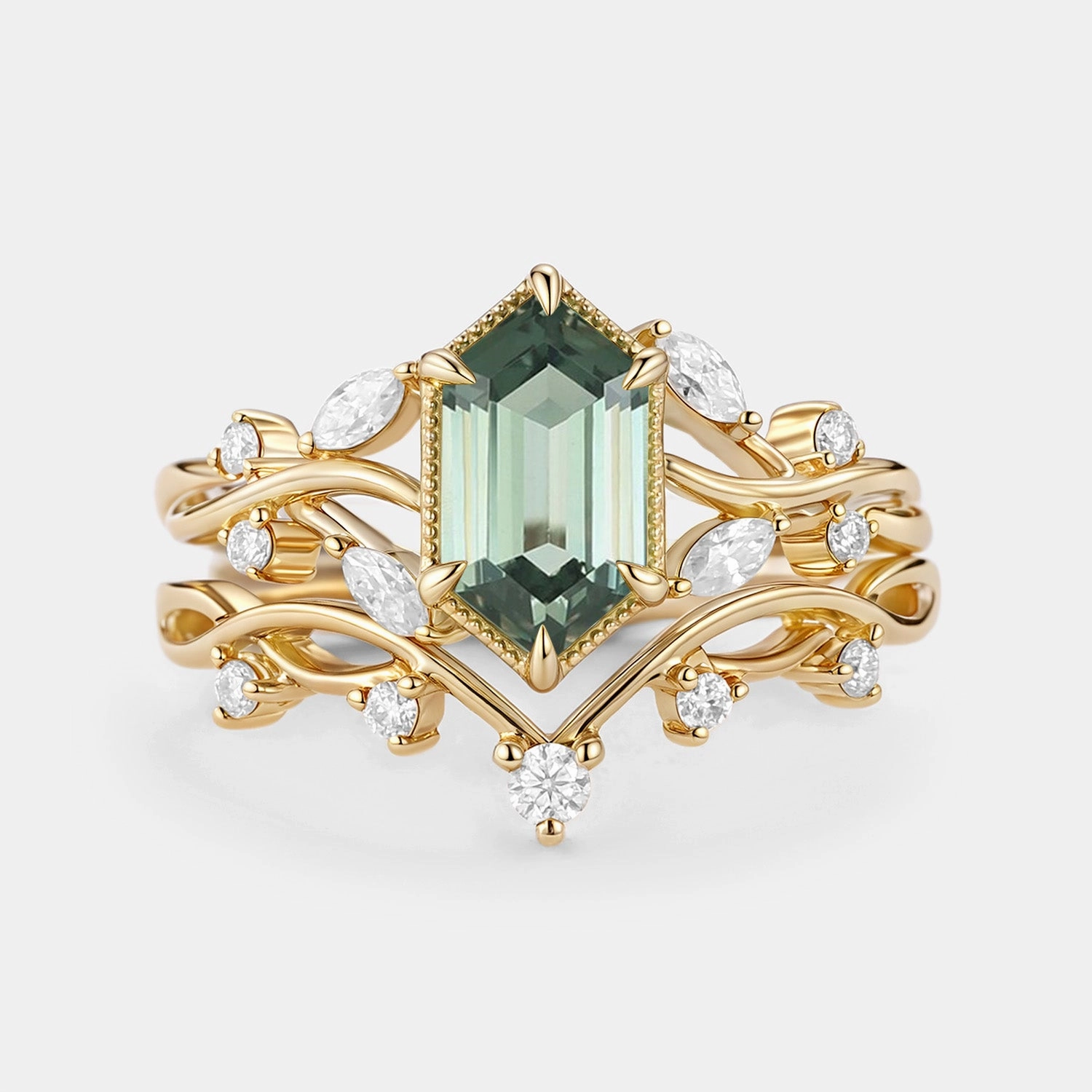 Elongated Hexagon Lab Green Sapphire Infinity Engagement Ring Set 2pcs - Elm Signature Form