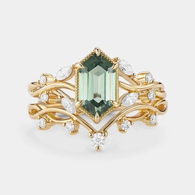 Elongated Hexagon Lab Green Sapphire Infinity Engagement Ring Set 2pcs - Elm High Class