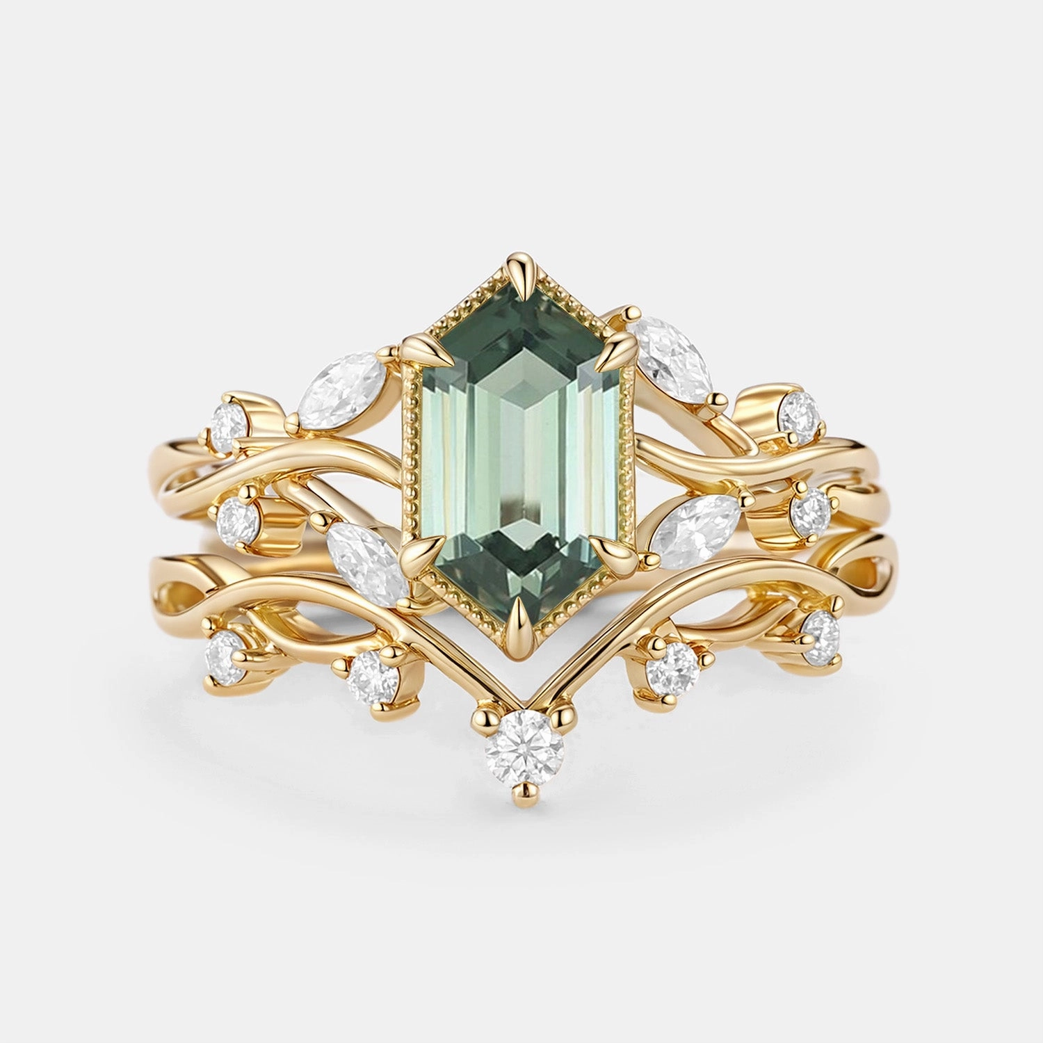 Elongated Hexagon Lab Green Sapphire Infinity Engagement Ring Set 2pcs - Elm High Class