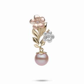 Pearls in Bloom Plumeria Lavender Freshwater Pearl Pendant in Tri Color Gold with Diamonds Polished Shine