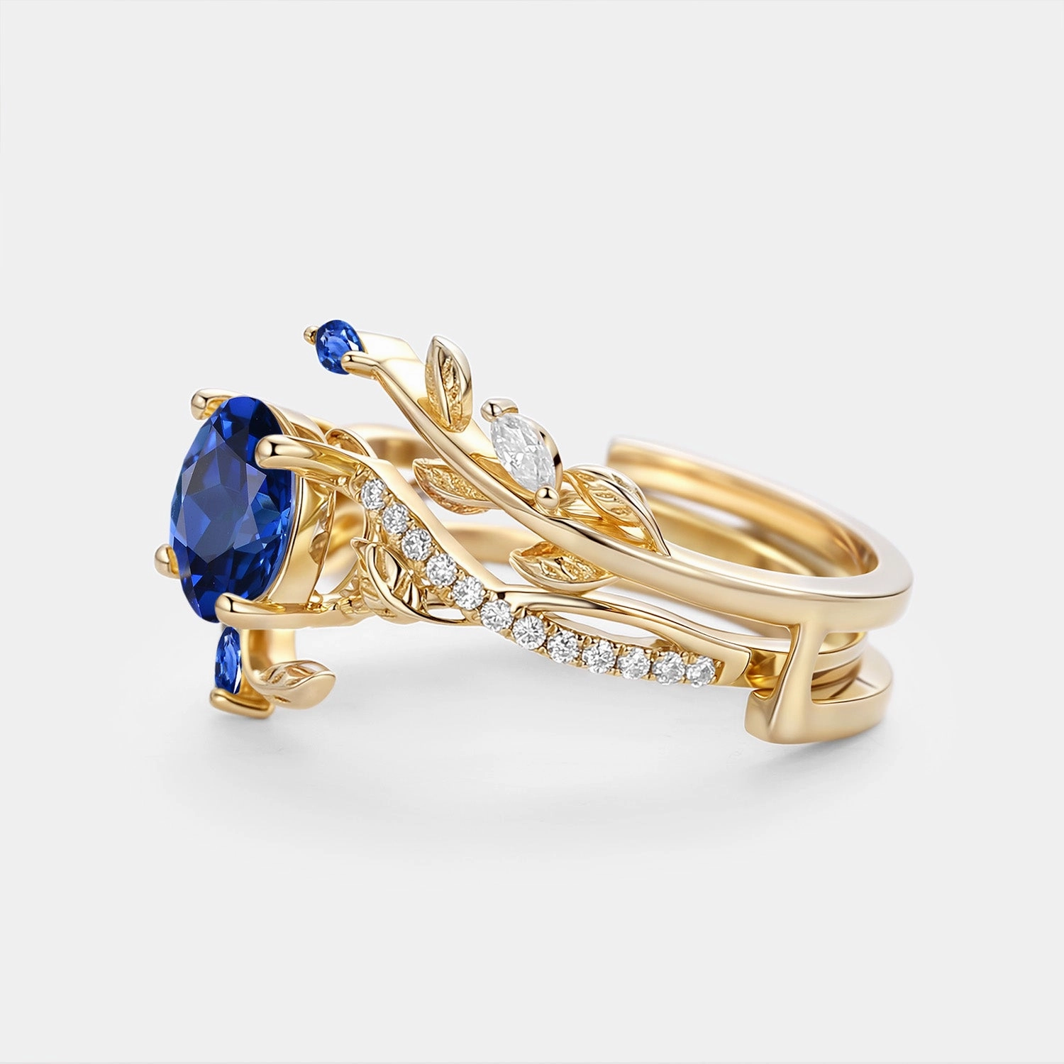 Round Cut Lab Sapphire Leafy Cage Engagement Ring Set 2pcs - Calyx Trendy Gifts