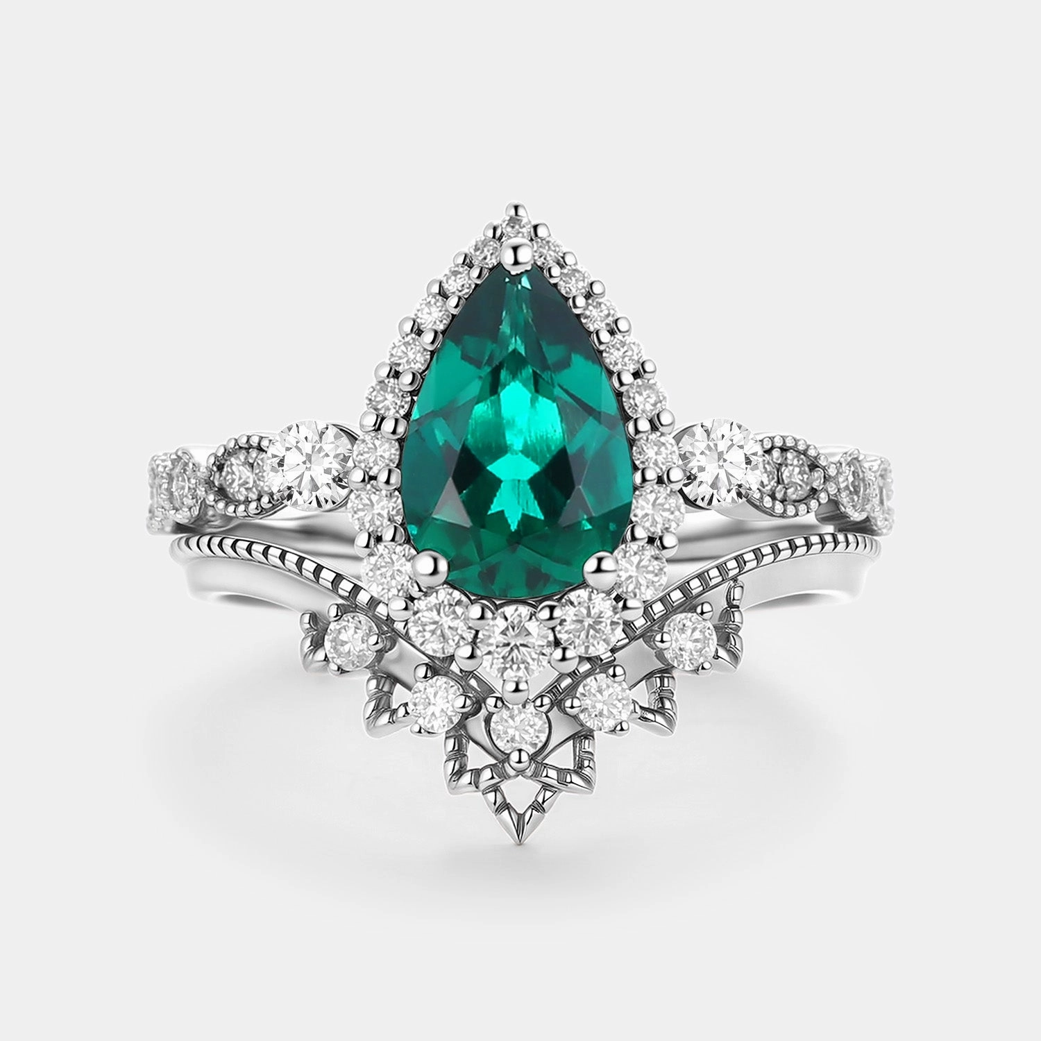 Signature Feature Pear Cut Lab Emerald Vintage Engagement Ring Set 2pcs - Greta