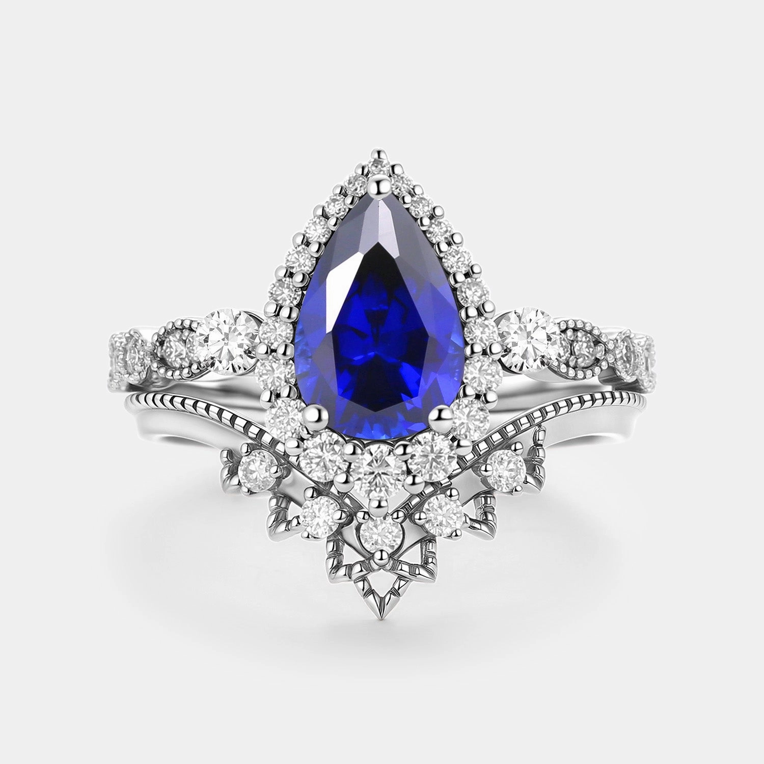 Dazzling Accent Signature Edge Pear Cut Lab Emerald Vintage Engagement Ring Set 2pcs - Greta