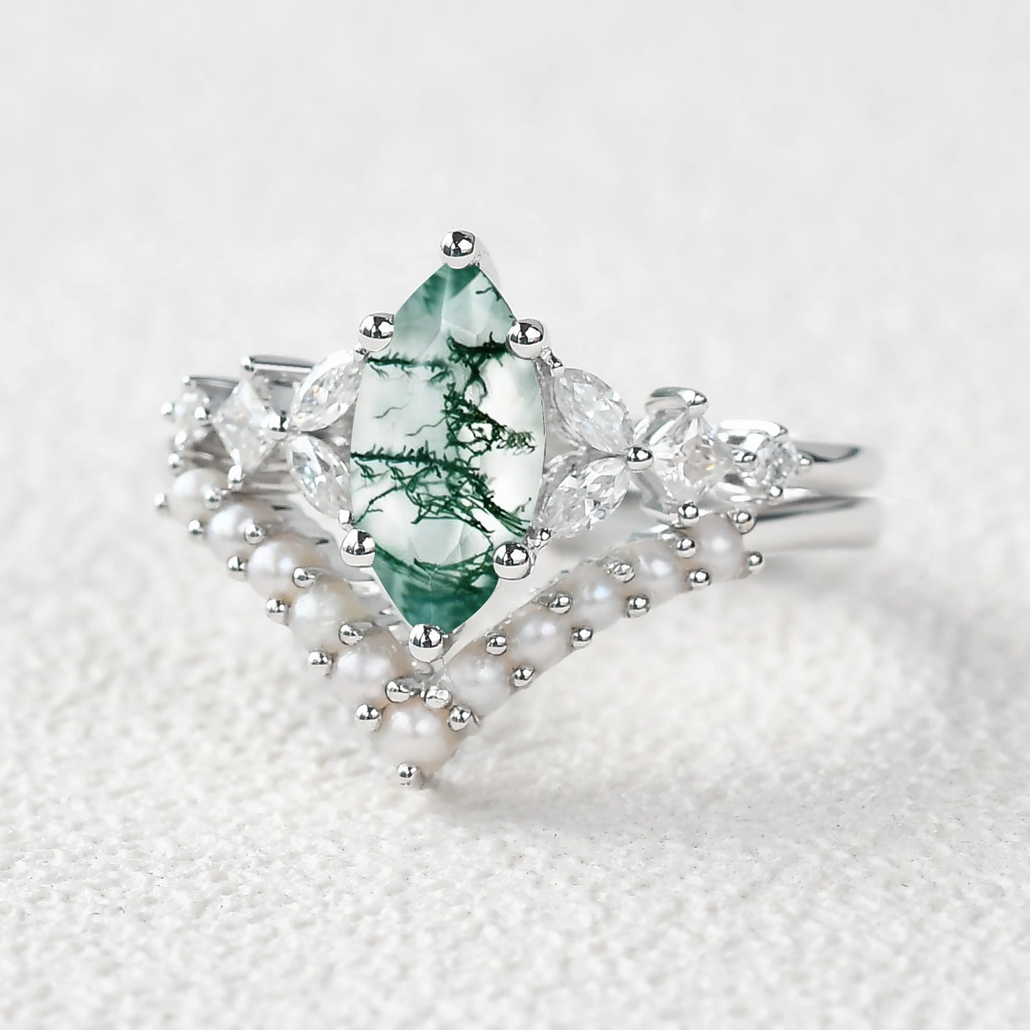 Marquise Moss Agate Signature Vintage Pearl-fect Ring Set 2pcs Clean Detail Timeless Glam