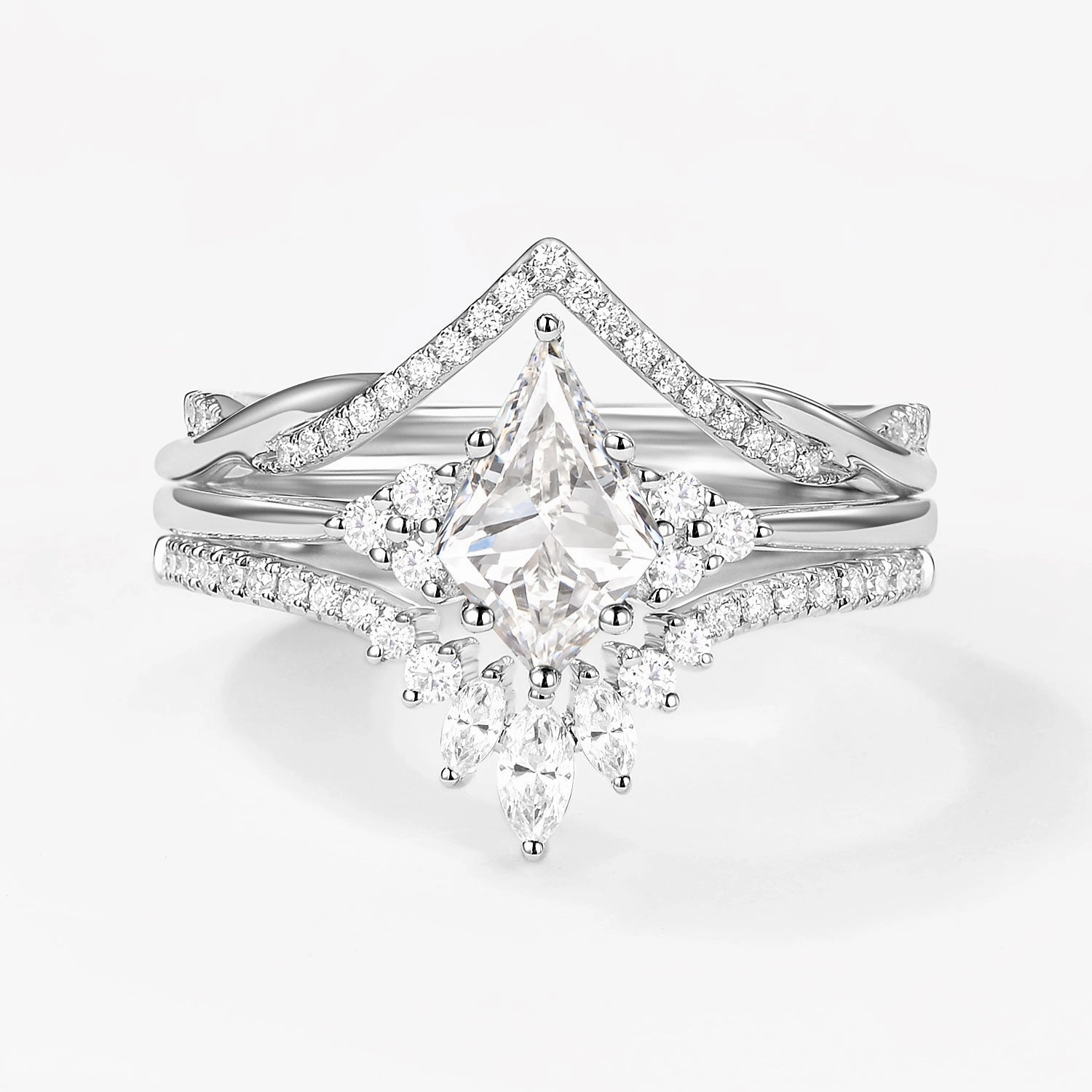 Feminine Light Kite Lab Grown Diamond Engagement Ring Set 3pcs - Trigon
