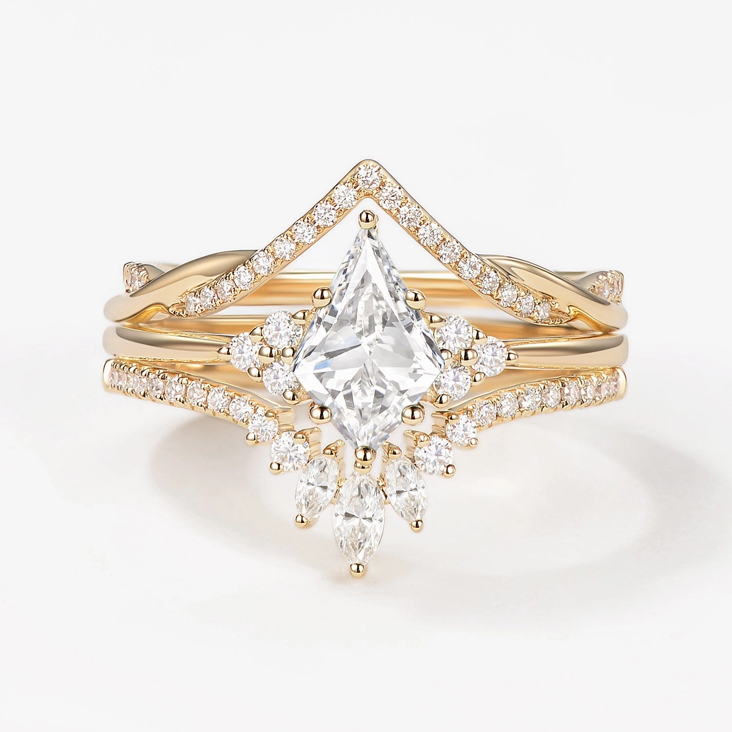 Minimal Design Ornate Edge Kite Lab Grown Diamond Engagement Ring Set 3pcs - Trigon