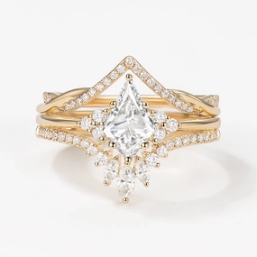 Minimal Design Ornate Edge Kite Lab Grown Diamond Engagement Ring Set 3pcs - Trigon