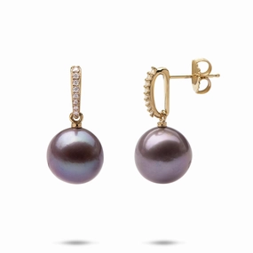 Radiant Sparkle Ultraviolet Freshwater Pearl Earrings in Gold with Diamonds - 11-12mm