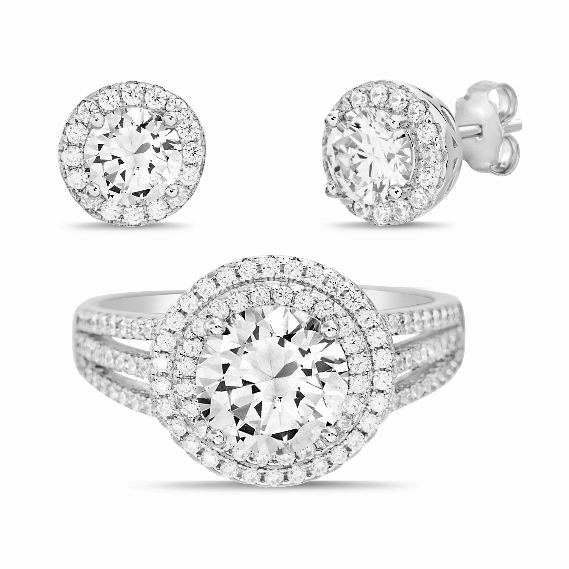 Lesa Michele Sterling Silver Simulated Diamond Halo Stud Earrings and Ring Box Set Bright Decoration Elegant Essential