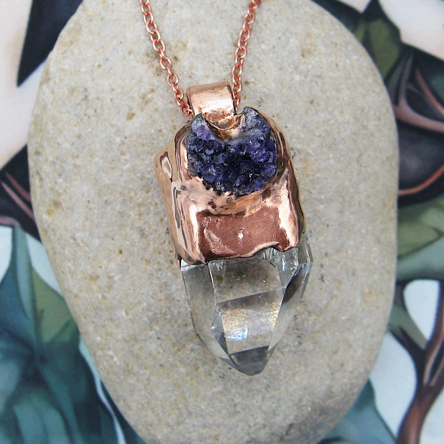 Copper-Capped Raw Quartz Crystal Pendant Necklace w/ Amethyst Druzy Moon, Handmade Romantic Present