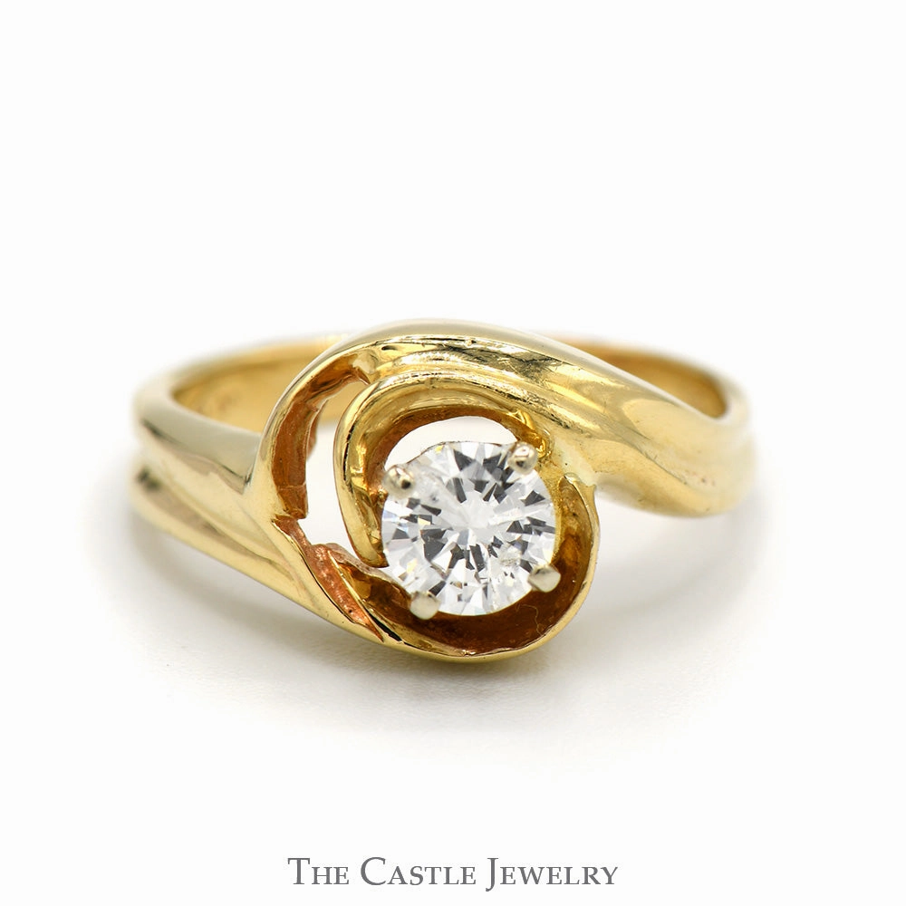 1/2ct Round Diamond Solitaire in 14k Yellow Gold Open Looped Designed Ring Designer Decoration Hexagonal Style