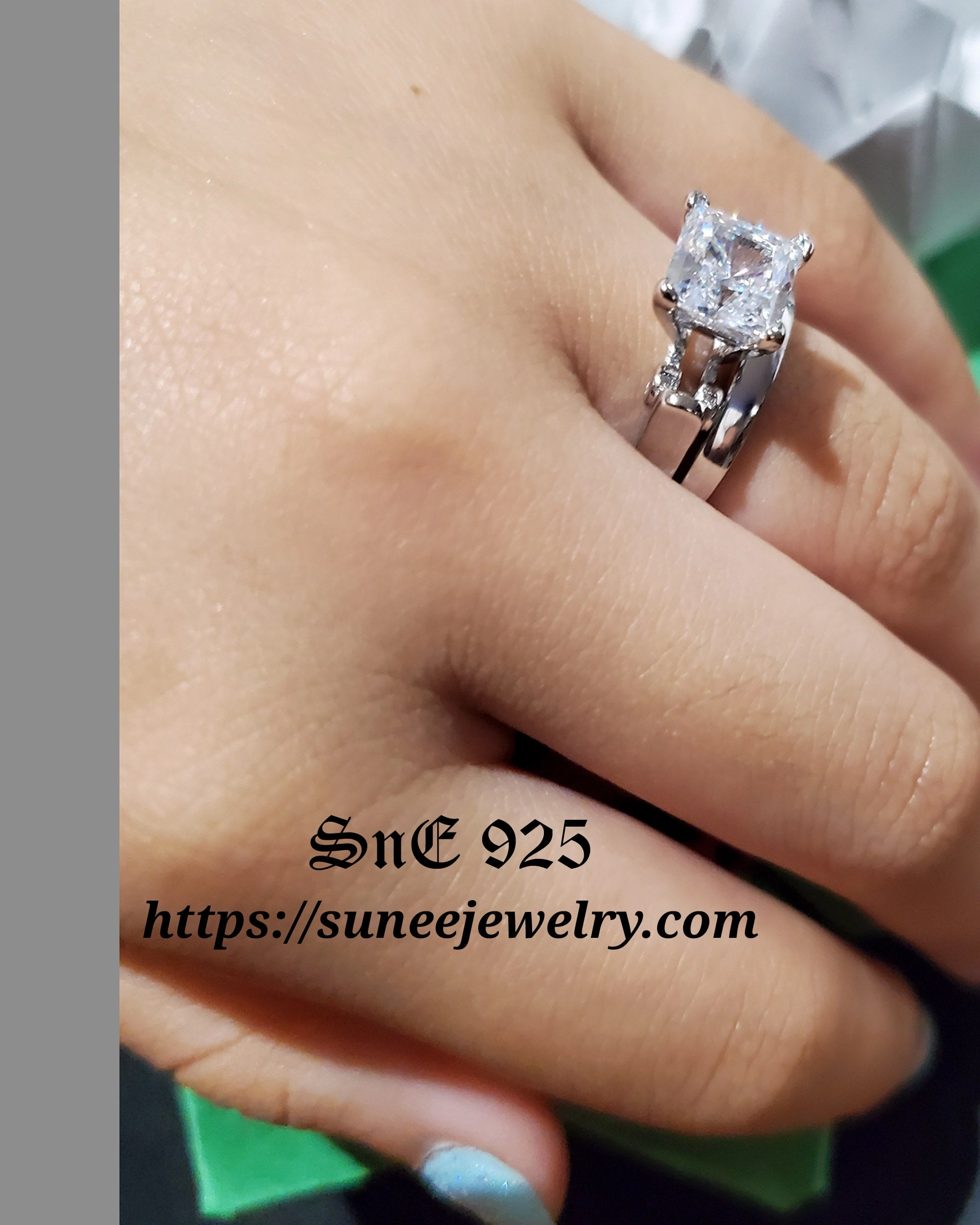 Straight Edge Sturdy Symbol 2.7ct Princess Cut 2 pcs Engagement Ring Set Bridal Ring Diamond Simulated 925 Sterling Silver Wedding Ring Set SKU:00168