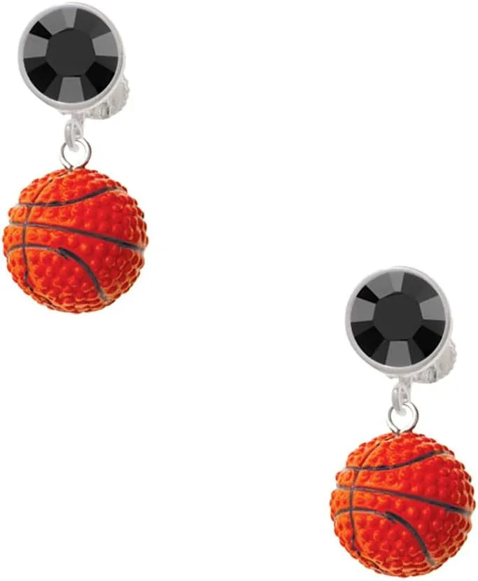 Resin Basketball - Black Crystal Clip on Earrings