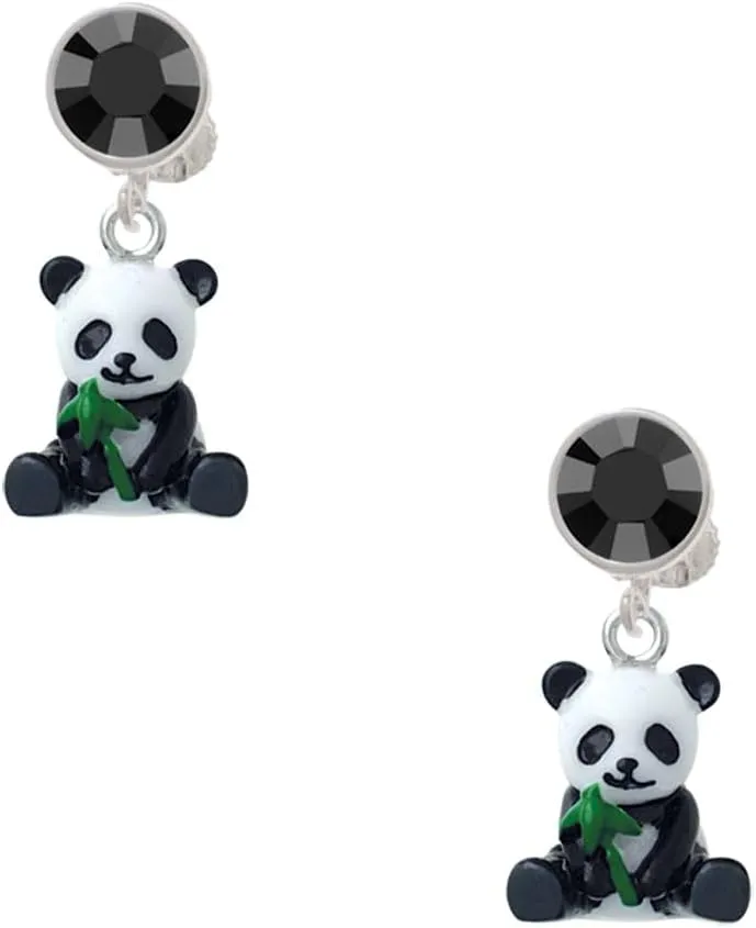 Resin Panda Bear - Black Crystal Clip on Earrings