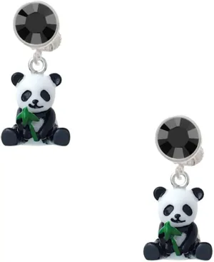 Resin Panda Bear - Black Crystal Clip on Earrings