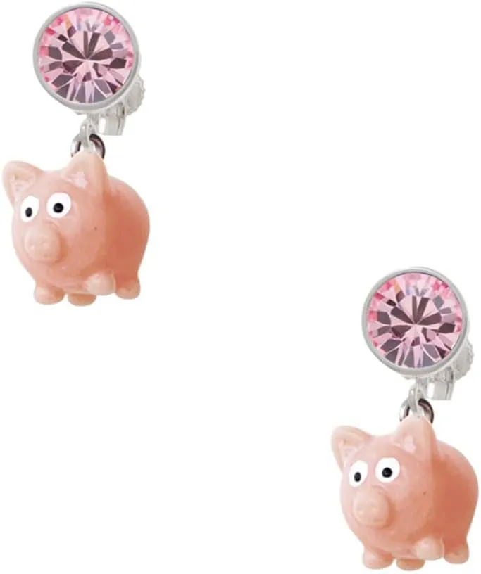 Resin Pink Pig - Pink Crystal Clip on Earrings