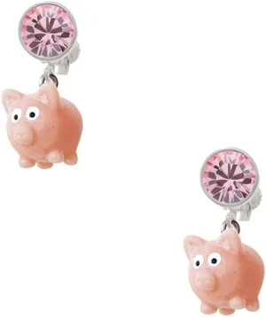 Resin Pink Pig - Pink Crystal Clip on Earrings