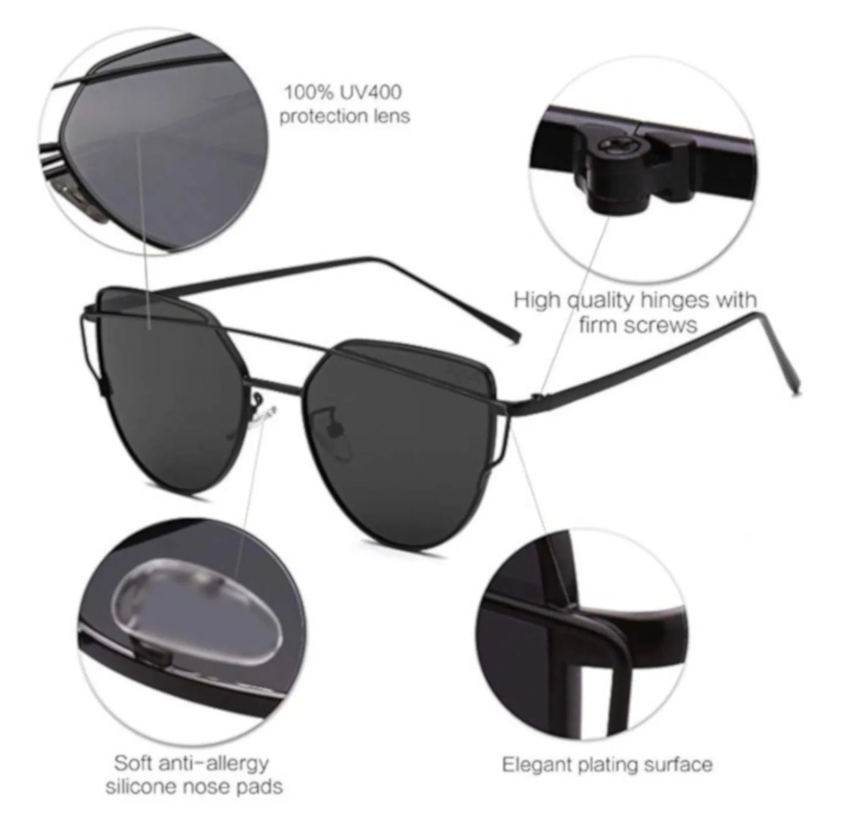 Retro Cat Eye Black Mirrored Sunglasses For Women