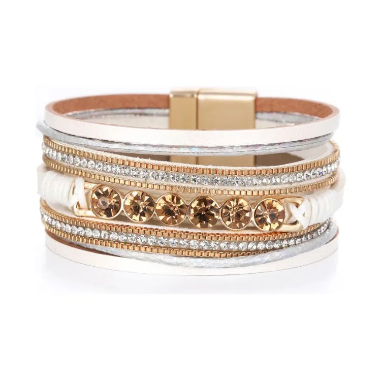 Retro Ethnic Multi-Layer Wide-Brimmed Women's Bracelet Crystal Diamond Luxury Leather Magnetic Buckle Bracelet