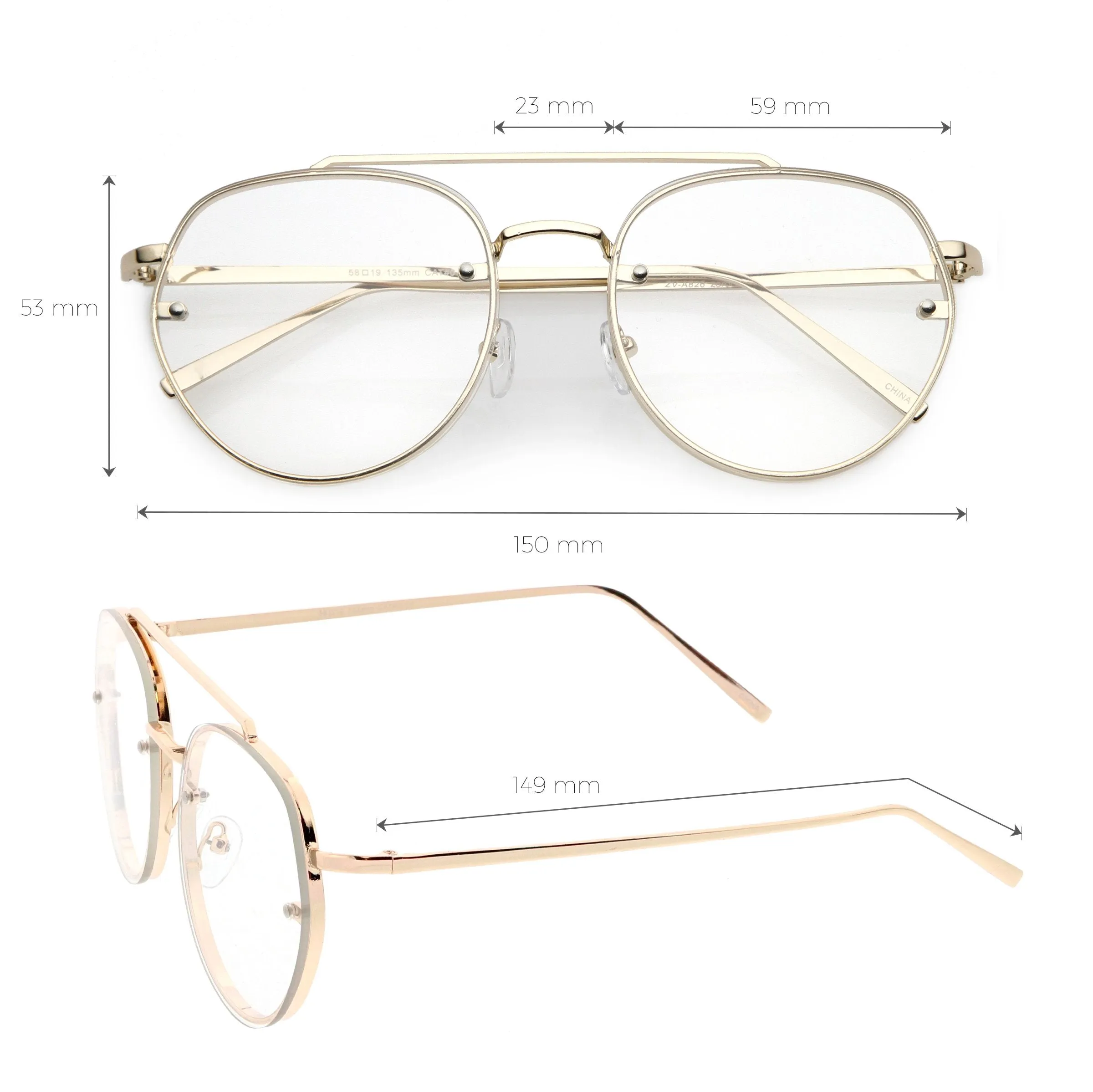 Retro Slim Brow Round Flat Clear Lens Aviator Glasses 59mm C450