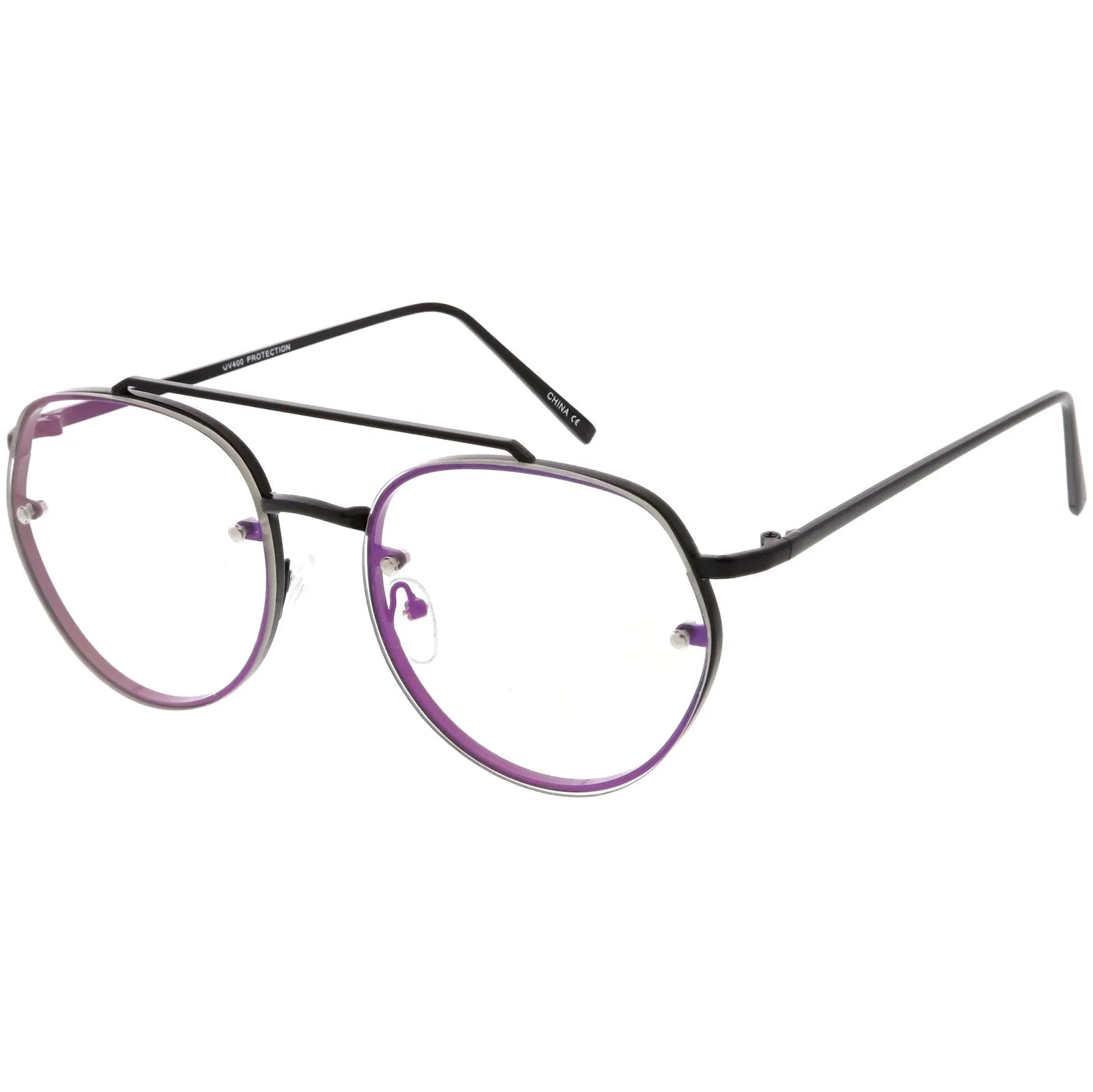 Retro Slim Brow Round Flat Clear Lens Aviator Glasses 59mm C450