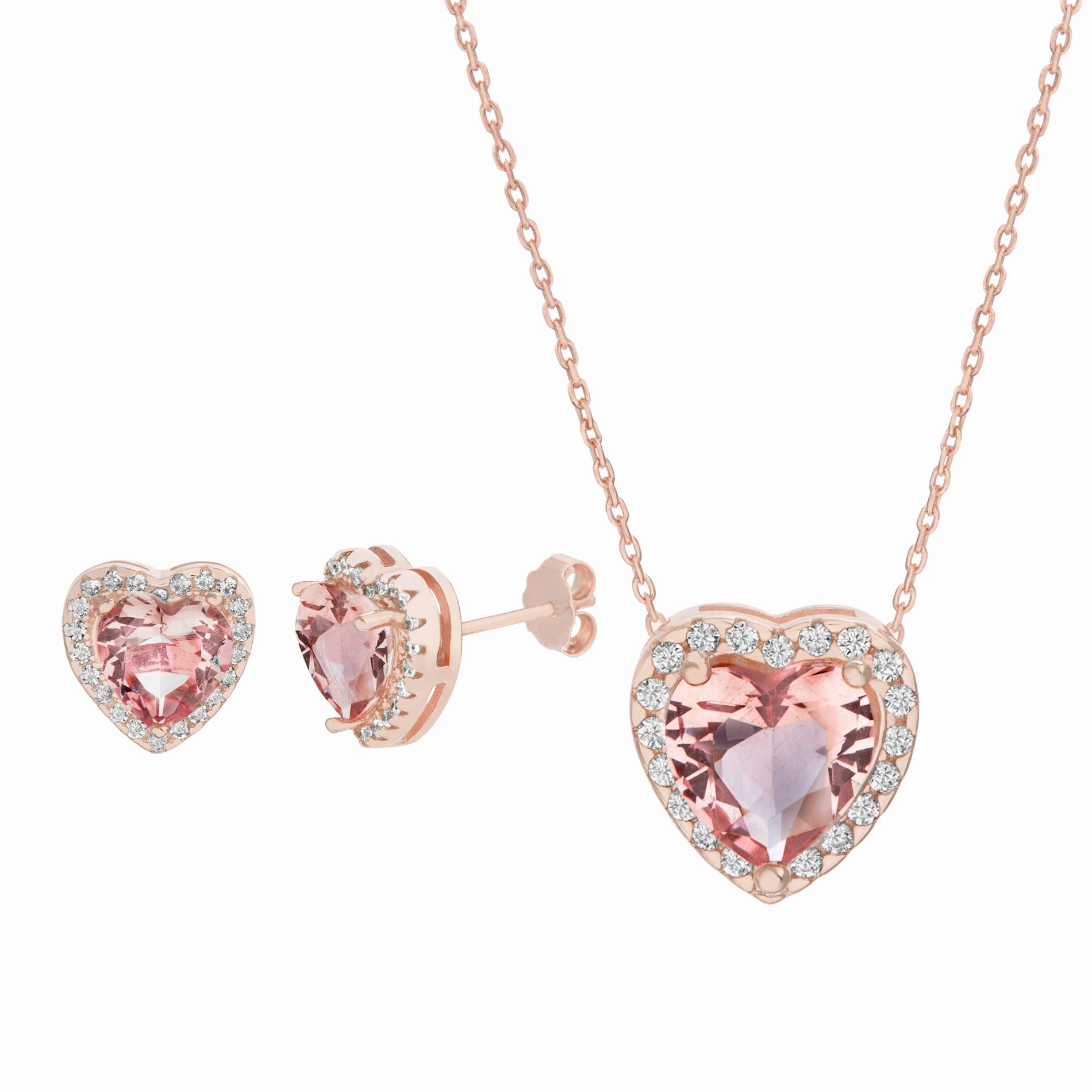 Daily Adornment Beautiful Decoration Lesa Michele Rose Gold Plated Sterling Silver Simulated Morganite and CZ Heart Shaped Necklace and Stud Earring Set