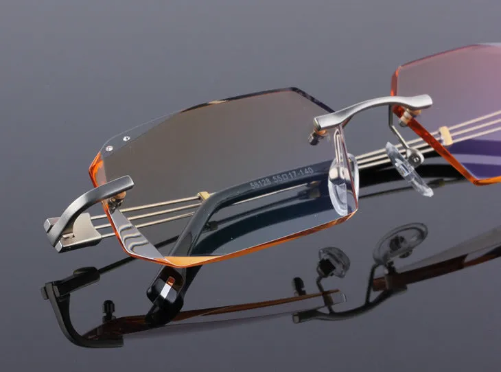 Reven Jate 58128 Pure Titanium Rimless Diamond Cutting Man Glasses Frame Eyeglasses (Silver)