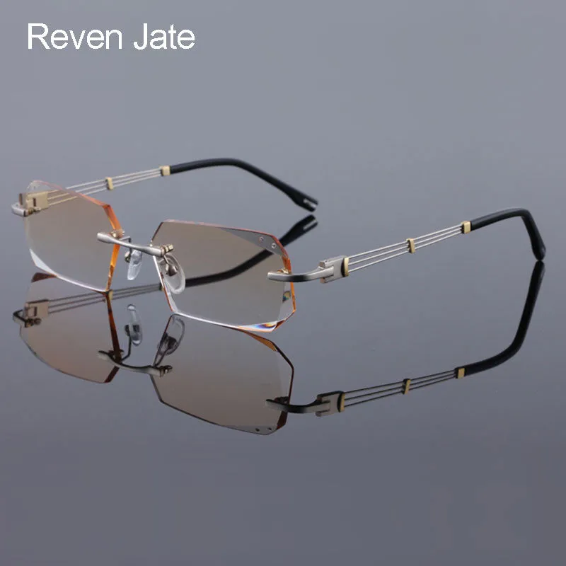 Reven Jate 58128 Pure Titanium Rimless Diamond Cutting Man Glasses Frame Eyeglasses (Silver)
