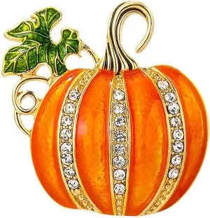 Rhinestone Pumpkin Brooch Pin for Women, Halloween Thanksgiving Gold Tone Enamel Green Leaf Brooches Lapel Pins Cute Autumn Holiday Festival Hat Bag Suit Dress Jewelry Souvenir
