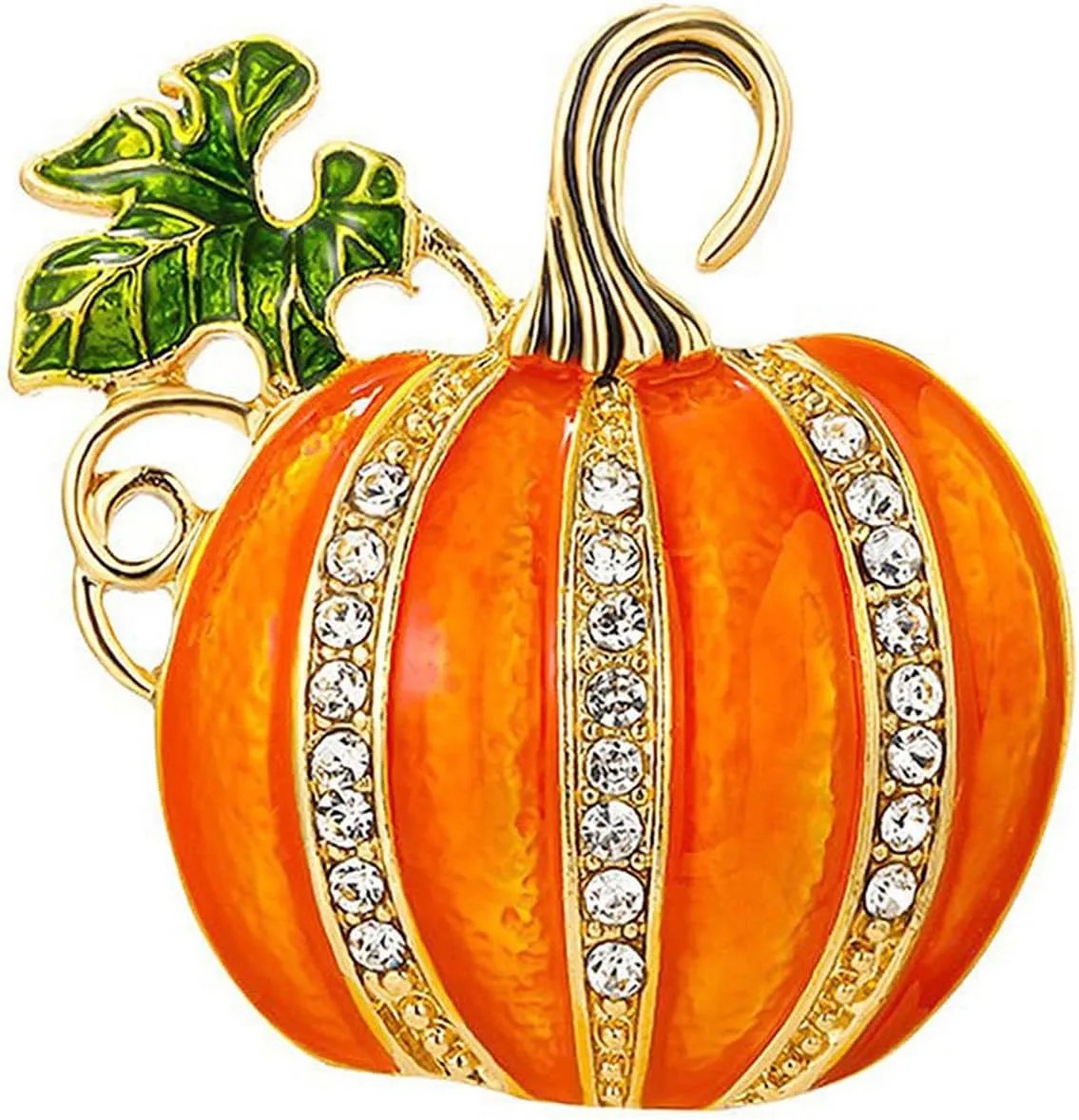 Rhinestone Pumpkin Brooch Pin for Women, Halloween Thanksgiving Gold Tone Enamel Green Leaf Brooches Lapel Pins Cute Autumn Holiday Festival Hat Bag Suit Dress Jewelry Souvenir